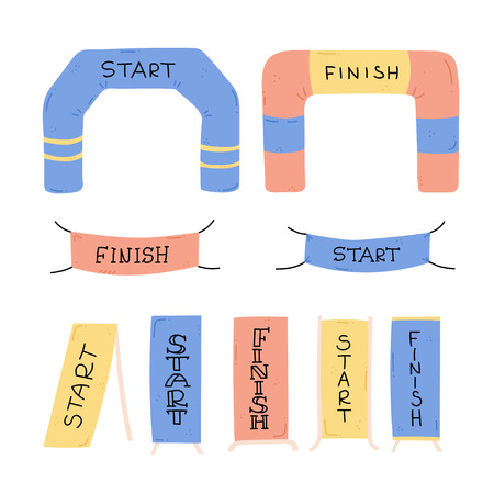 Vector illustration of start and finish line banners, streamers, inflatable balloon arch gate, flags for outdoor sport event - competition race, run marathon. Isolated doodle cartoon illustration.のイラスト素材