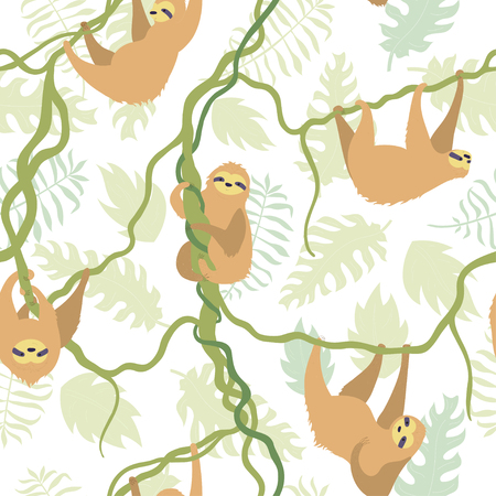 Vector seamless pattern illustration of cute character sloth with jungle leaves. Isolated cartoon baby climbing sloths. Hand drawn animal hanging on a branch. Drawing for print, textile, poster etc.のイラスト素材
