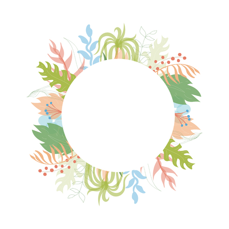 Vector illustration of floral greeting card template design with place for your text. Jungle plant hand drawn frame. Modern wedding Invitation. Tropical colorful flowers and leaves wreath border.のイラスト素材