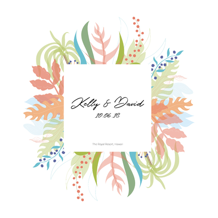 Vector illustration of floral greeting card template design with place for your text. Jungle plant hand drawn frame. Modern wedding Invitation. Tropical colorful flowers and leaves wreath border.のイラスト素材