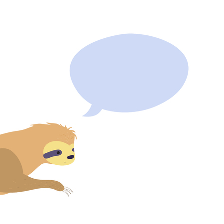 Vector illustration of cute character sloth with speech bubble. Isolated cartoon baby climbing sloths. Hand drawn jungle animal hanging on a branch of tree. Drawing for print, fabric, poster etc. のイラスト素材