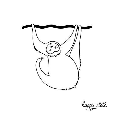 Vector isolated outline black illustration of cute character sloth. Cartoon baby climbing sloths. Hand drawn jungle animal hanging on a branch of tree. Drawing for print, fabric, poster etc. のイラスト素材