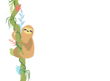 Vector illustration of cute character sloth. Isolated cartoon baby climbing sloths. Hand drawn jungle animal hanging on a branch of tree. Drawing for print, fabric, textile, poster etc. のイラスト素材