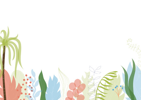 Vector illustration of floral greeting card template design with place for your text. Jungle plant hand drawn frame. Modern wedding Invitation. Tropical colorful flowers and leaves wreath border.のイラスト素材