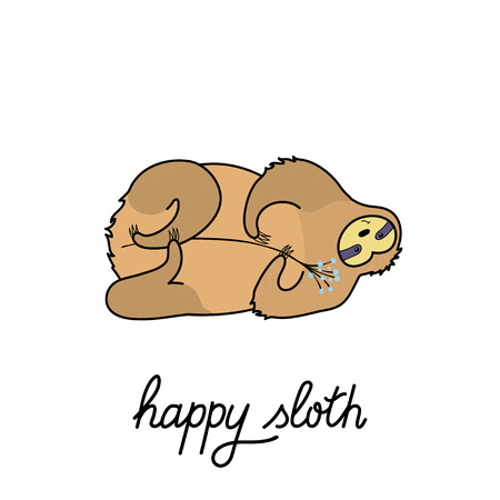 Vector illustration of cute character sloth and lettering. Isolated cartoon baby climbing sloths. Hand drawn jungle animal hanging on a branch of tree. Drawing for print, fabric, textile, poster etc.のイラスト素材