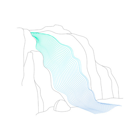 Vector illustration of waterfall cascade. Water stream falling of various shape of mountain rock. Isolated outline hand drawn object. Logo, design element.のイラスト素材