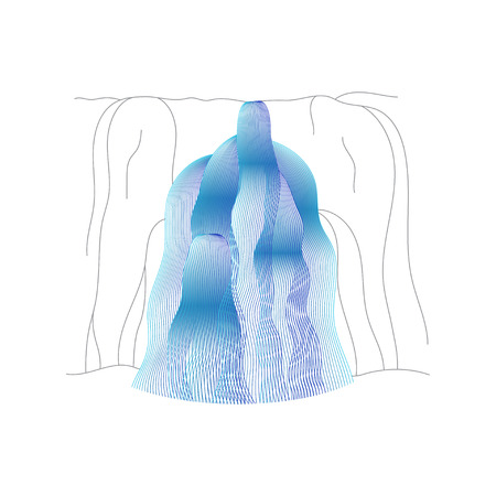 Vector illustration of waterfall cascade. Water stream falling of various shape of mountain rock. Isolated outline hand drawn object. Logo, design element.のイラスト素材