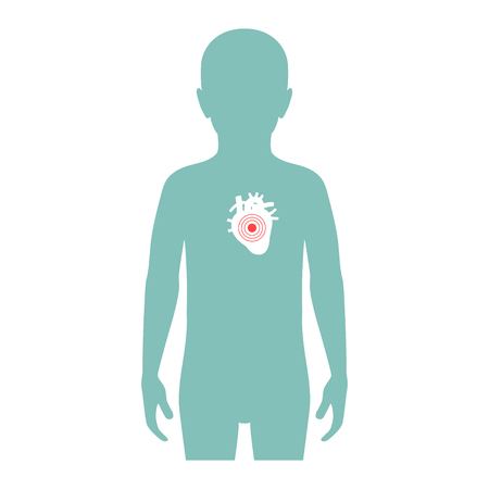 Vector isolated illustration of heart anatomy in boy body. Human circulatory system icon. Healthcare medical center, surgery, hospital, clinic logo. Internal child donor organ design. Donationのイラスト素材