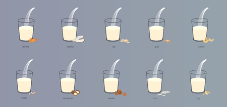 Vector vegan alternative organic milk splash in glass set. Non dairy drink from nut, bean, coconut, almond, oat. Vector isolated transparent illustration. Healthy food, diet and nutrition conceptのイラスト素材