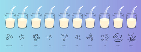 Vector vegan alternative organic milk splash in glass set. Non dairy drink from nut, bean, coconut, almond, oat. Vector isolated transparent illustration. Healthy food, diet and nutrition conceptのイラスト素材