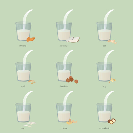 Vector vegan alternative organic milk splash in glass set. Non dairy drink from nut, bean, coconut, almond, oat. Vector isolated transparent illustration. Healthy food, diet and nutrition conceptのイラスト素材