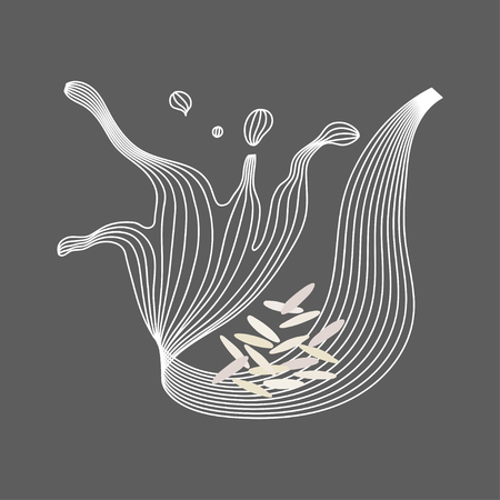 Vector splash of rice milk with nuts. Vegan alternative organic milk splash pour . Non dairy drink. Isolated transparent illustration. Healthy food, diet and nutrition conceptのイラスト素材