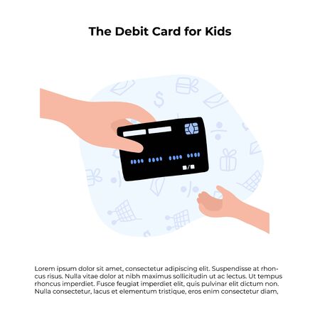 Vector isolated illustration of big and little hands with card. Mother gives bank card to child. Finance education symbol. Investment, saving symbol. Kids and parents with moneyのイラスト素材