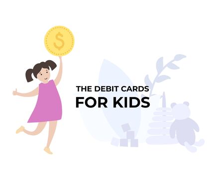 Vector isolated illustration of smiling girl holding card. Budget planning. Child finance education symbol. Investment, saving symbol. Financial safety, investment building concept.のイラスト素材