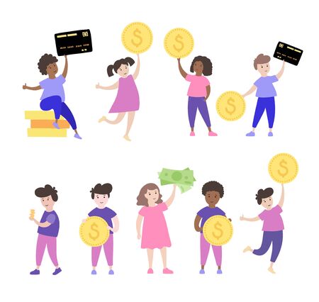Vector isolated illustration of smiling boys and girls holding coins, cards, cash. Budget planning. Child finance education symbol. Children saving symbol. Kids with money characters.のイラスト素材