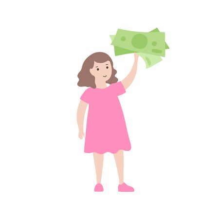 Vector isolated illustration of smiling girl holding cash. Budget planning. Child finance education symbol. Investment, saving symbol. Financial safety, investment building concept.のイラスト素材