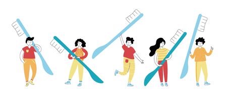 Vector isolated illustration of tooth and child holding toothbrush. Concept of tooth cleaning, care and protection from tooth decay. Teeth icon. Medical banner or poster illustration. Oral Healthのイラスト素材