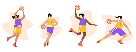 Set of basketball players of same team with balls. Adult woman cartoon action character. Flat vector isolated illustration. Women's basketball championship poster, banner design
のイラスト素材