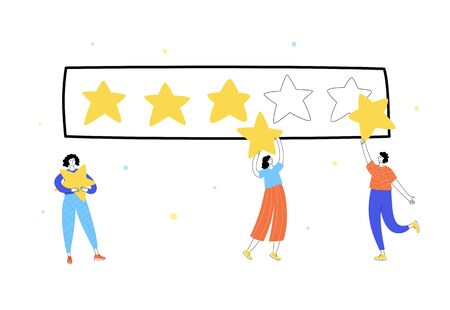 Vector isolated illustration of rating feedback and customer review concept. People standing and holding stars. 5 star gold rank. Flat illustration on white background. Email banner design
のイラスト素材