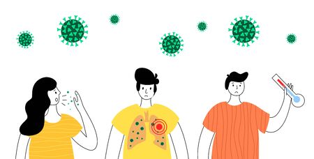 People with coronavirus epidemy symptoms. Cough, high temperature. Human lungs with virus infection. Vector isolated flat illustration. Medical, educational or science bannerのイラスト素材