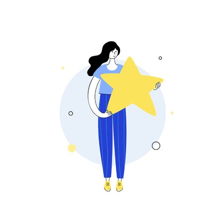 Vector isolated illustration of user feedback and customer review concept. Girl standing and holding rating star. Flat illustration on white background. Email banner designのイラスト素材