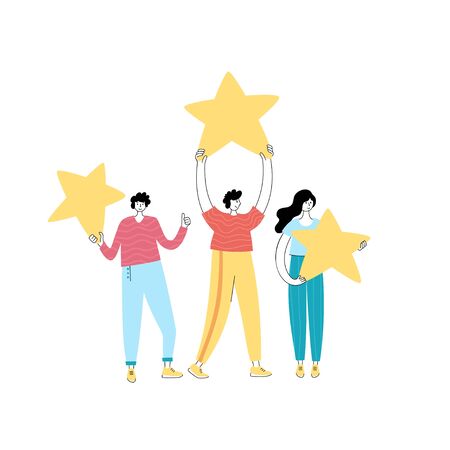 Vector isolated illustration of rating feedback and customer review concept. People standing and holding stars. Flat illustration on white background. Email banner designのイラスト素材