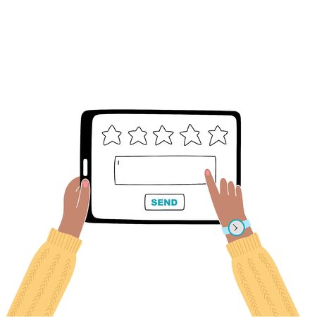 Vector isolated illustration of woman hands holding tablet and touching screen. Website rating feedback and review concept. Vector flat cartoon illustration for web sites and banners design. のイラスト素材