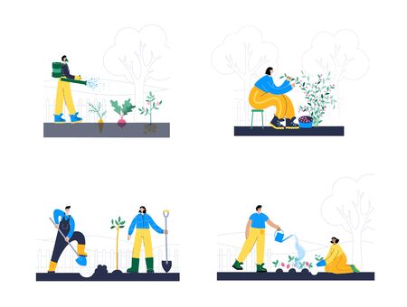 Set of happy people who plant plants and watering with a shovel and sprays fertilizer. Adult male and female cartoon action characters.  Gardening concept for poster, banner.のイラスト素材