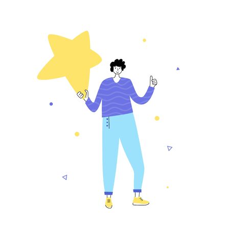 Vector isolated illustration of user feedback and customer review concept. Man standing and holding rating star. Flat illustration on white background. Email banner designのイラスト素材