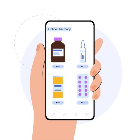Bottles, ampoule and pills in application on the smartphone. Flat vector illustration, medical poster. Online clinic and pharmacy concept. Order and buy medicines in remote internet grug store.のイラスト素材