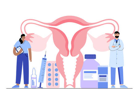 Uterus anatomy and doctor gynecologist. Women Health Clinic. In vitro fertilization and female reproductive system. Medicine and contraception icon. Medical poster for clinic. Flat vector illustrationのイラスト素材
