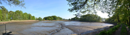 Panoramic view of the pond drainedの写真素材