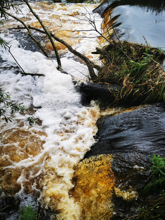 Flush water in the river after heavy rain. Dirty water in the river.