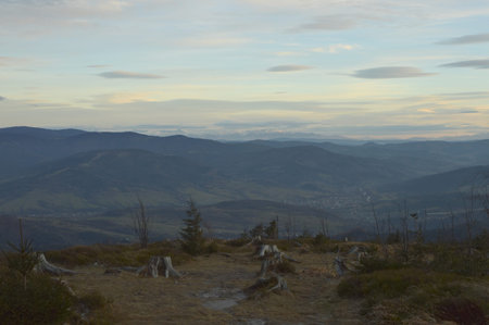 Mountains on during sunset. Silesian Beskid Poland.