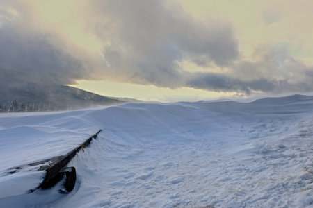 Winter sunrise. Frosty morning in the mountains. Sunrise in the mountains.の写真素材