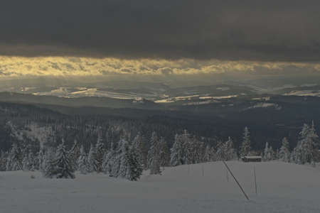Sunrise in the mountains. Beskid Å»ywiecki Hala Rysianka.の写真素材