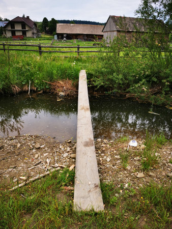 A wooden plank over a stream that serves as a bridge.の写真素材