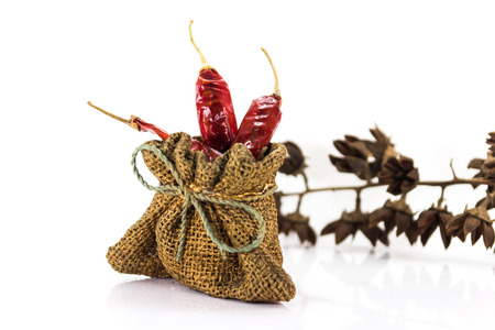Red chilli in a hemp sack on the white backgroundの写真素材