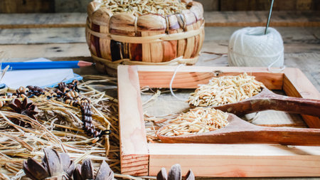 Rice in wooden spoonの写真素材