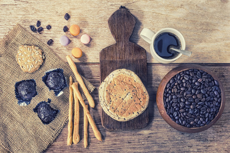 Black coffee and dessert. Vintage style.の写真素材