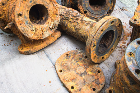 Detail and texture of the Rusty steel water supply pipe.