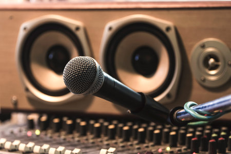 Microphone with audio equipment in the studio.の写真素材