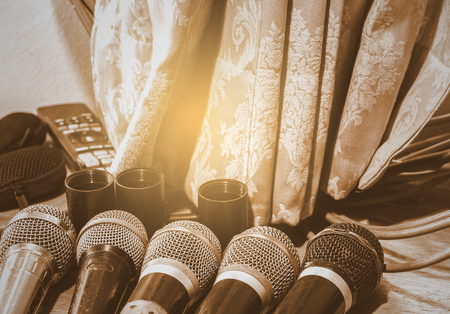 Old microphone in the control room.の写真素材