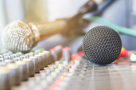 The microphone on the audio mixer. In the recording studio.の写真素材
