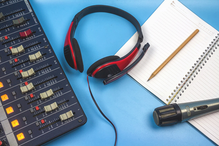 Audio Equipment Equipment for Recording on Blue Backdropの写真素材