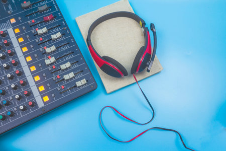 Audio Equipment Equipment for Recording on Blue Backdropの写真素材