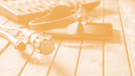 Microphone with audio mixer. Soft focus.の写真素材