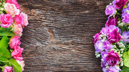 Abstract background color of the flowers placed on very old wood.の写真素材