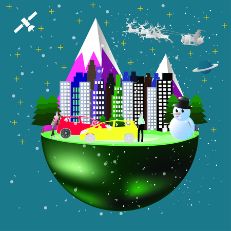 Civilized city in the world with a snowman, Santa Claus and the people are happy on Christmas.のイラスト素材