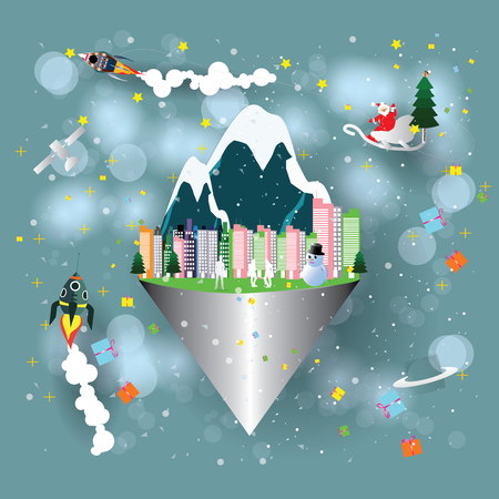 Fantasy with Rocket Drag Santa Cross through town, sending gifts on Christmas day.のイラスト素材